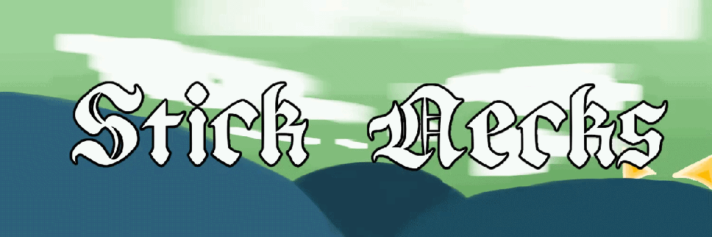 "Stick Necks" in a gothic font. The background has blue lumps resembling hills, and a green sky with white clouds. A large, yellow sun with lips moves behind the hills as if she is rising.